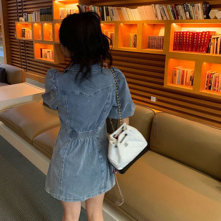 Đầm Denim Tay Phồng Ôm Eo Thời Trang Mùa Hè 2023 Phong Cách Pháp Mới Cho Nữ