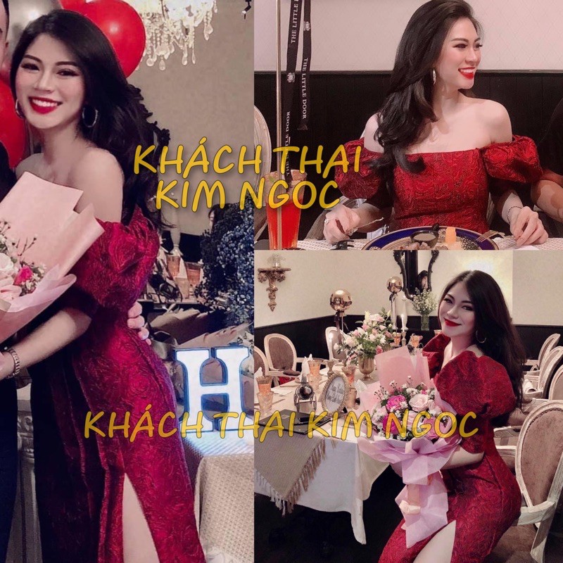 Đầm dự tiệc cổ vuông tay phồng gấm xẻ đùi siêu hot | BigBuy360 - bigbuy360.vn