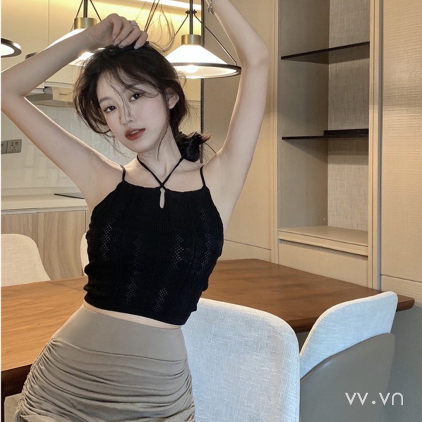 Xj-vvn Áo Dệt Kim Sát Nách Dáng Ôm Ngắn Màu Trơn Khoét Lỗ Gợi Cảm Cho Nữ