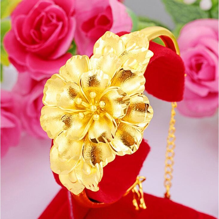 Vòng tay mạ vàng hình cỏ bốn lá/hoa nở/ hoa sen cầu tài lộc phong cách Trung Hoa làm quà ngày tình nhân cho nữ