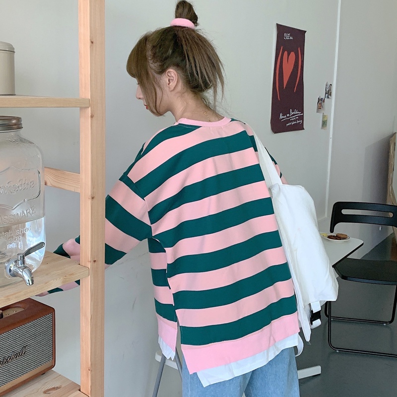 Áo Sweater Dáng Rộng Phối Sọc Xinh Xắn Theo Phong Cách Mùa Thu Dành Cho Nữ