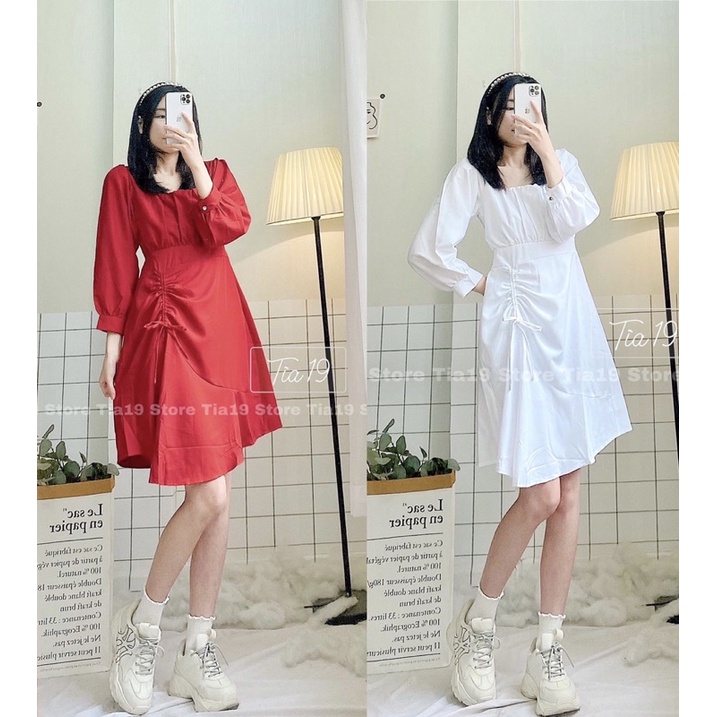 Váy cổ vuông xếp ly rút dây dài tay Tia19 . Đầm dài đỏ Tết dáng xoè ulzzang