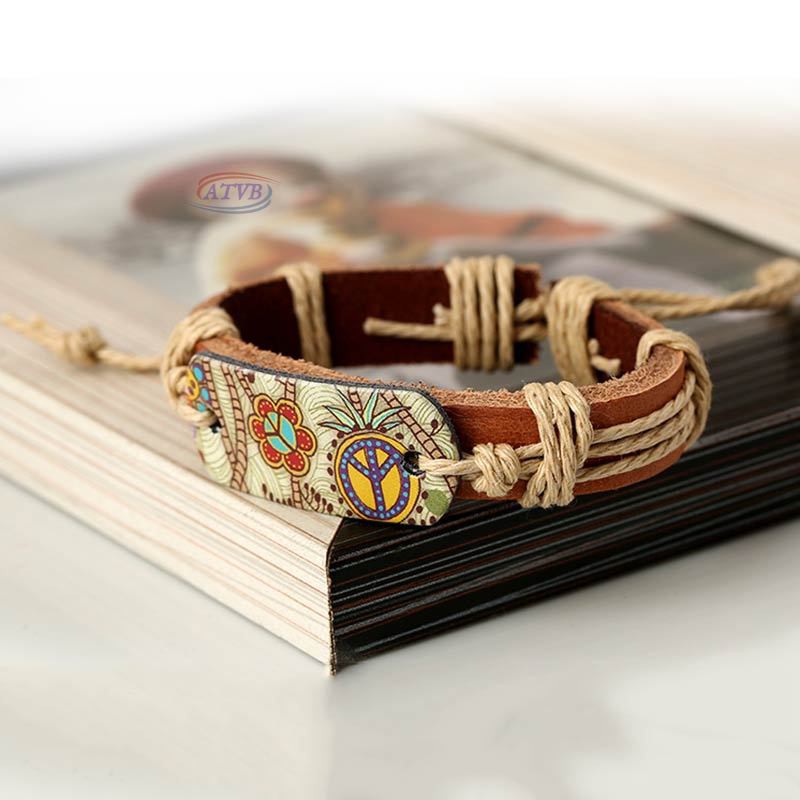 Vòng tay da PU mặt hợp kim hình hoa phong cách vintage