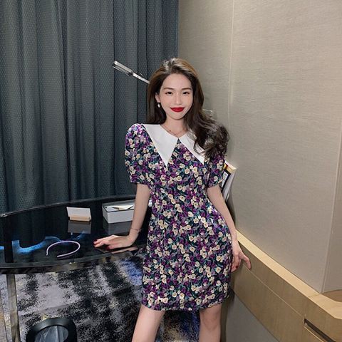 đầm hoa tím cổ peter pan trắng