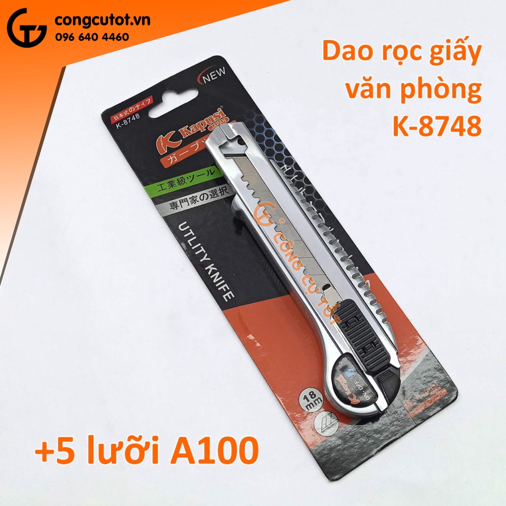 Dao rọc tiện ích kèm 5 lưỡi trắng bản rộng 18mm Kapusi K-8748