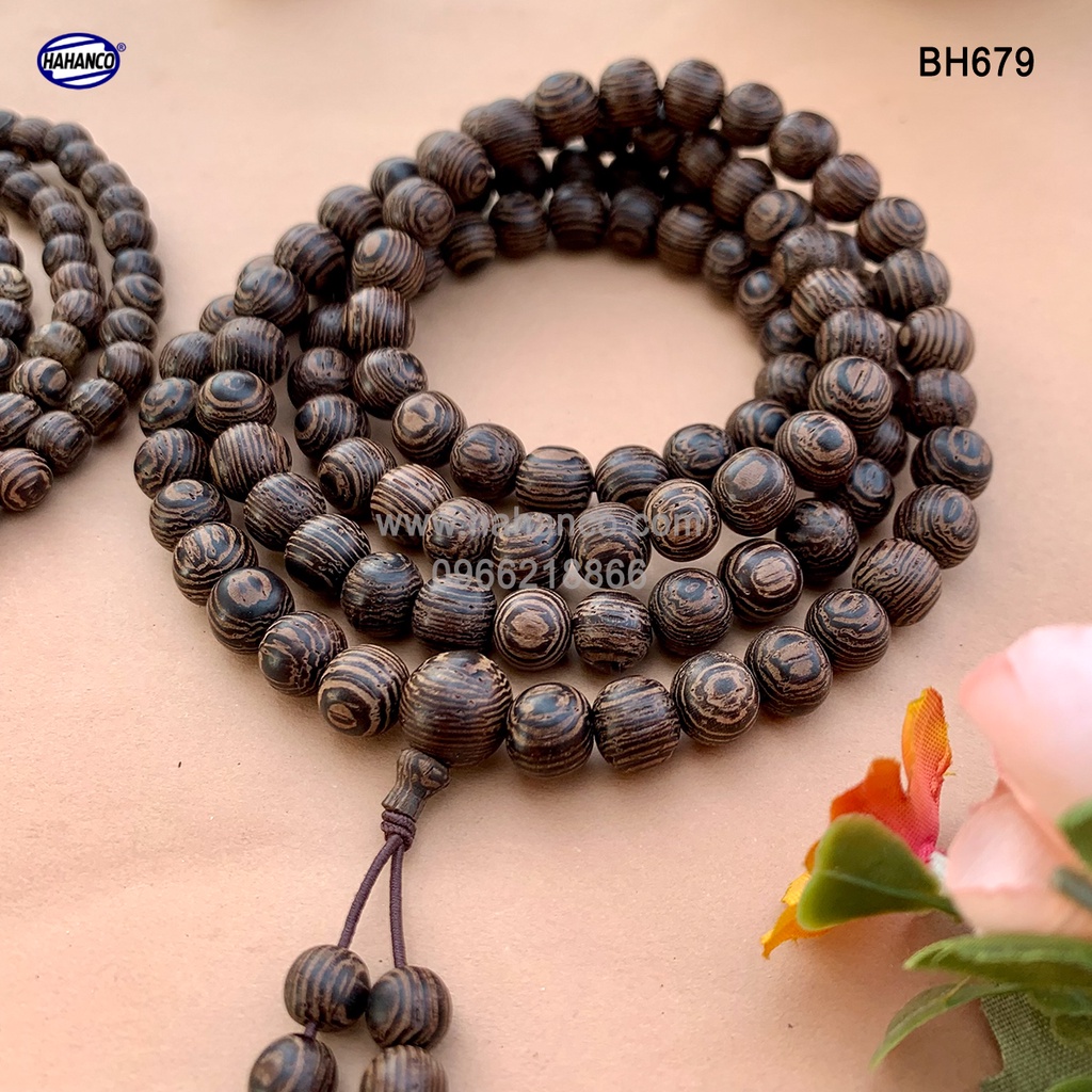 Chuỗi Tràng 108 hạt gỗ Mun Đuôi Công vân gỗ siêu đẹp - An Yên - Thịnh Vượng - BH679
