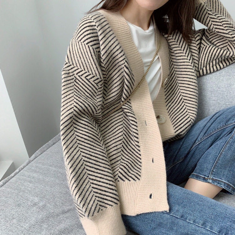 Áo Sweater Dài Tay Kẻ Sọc Xinh Xắn Dành Cho Nữ Áo Sweater Dáng Rộng Phong Cách Retro Cá Tính