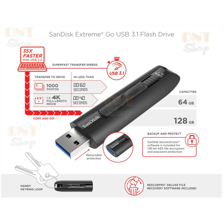 USB 3.1 SanDisk Extreme Go CZ800 64GB 200MB/s (SDCZ800-064G-A46) | BigBuy360 - bigbuy360.vn