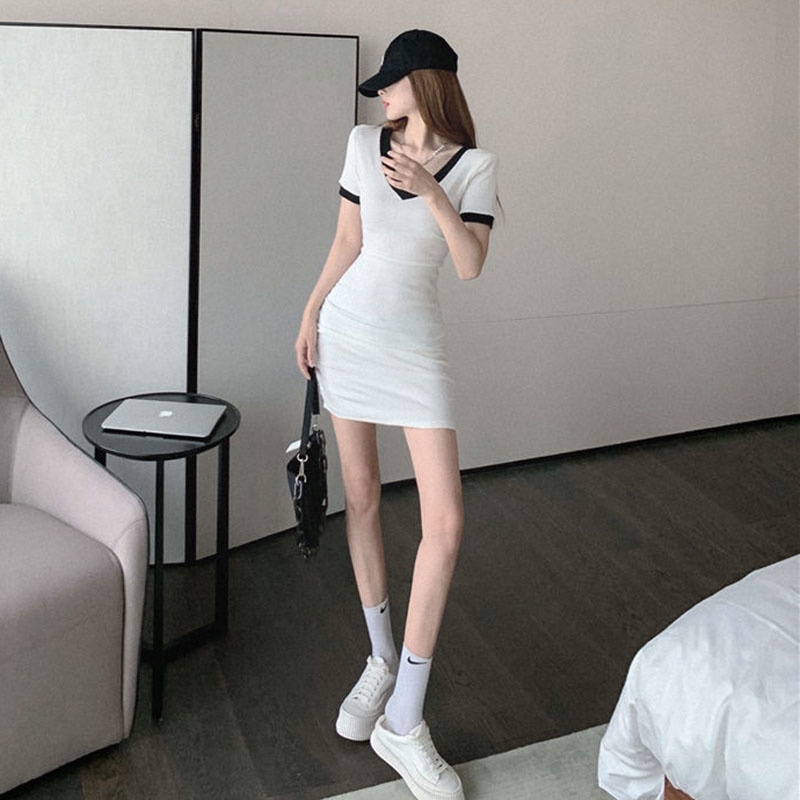 IELGY Đầm Tay Ngắn Cổ Chữ V Dáng Ôm Thời Trang Dành Cho Nữ