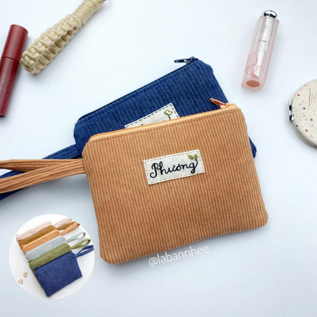 Ví vải thêu tên, ví đựng điện thoại, handmade by LÀ BẠN NHÉ, vải nhung tăm, 1 ngăn có lót