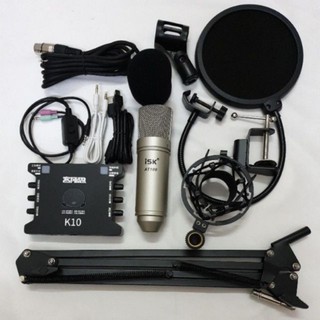Bộ mic livestream hát karaoke thu âm micro isk at100 card k10 dây ma2 chân mic, màng lọc âm
