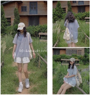 Sét bộ áo Sơ mi kẻ xanh kèm quần shorts trắng Freesize, Sét bộ đồ nữ áo sơ mi vạt chéo sau mix quần đùi