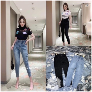 Quần jean cạp cao 2 cúc xanh và đen😋cá tính😋