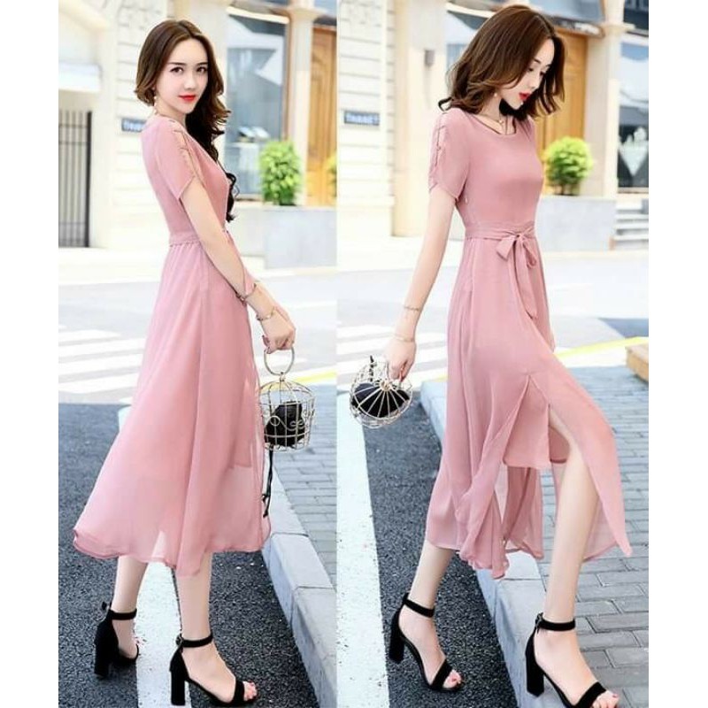 Hàng nhập - Đầm dáng xòe chiffon xẻ tà, váy maxi dạo phố