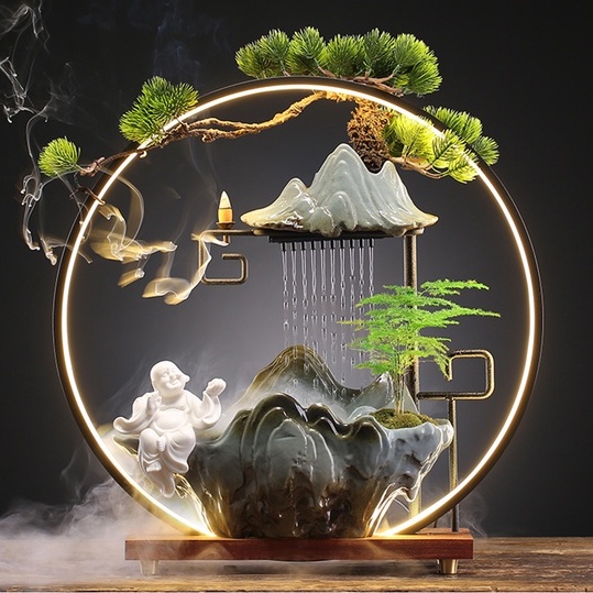 Thác nước phong thủy hòn non bộ - Hươu bình an, Tiên Hạc tài khí -  Đài thưởng Trầm có đèn Led