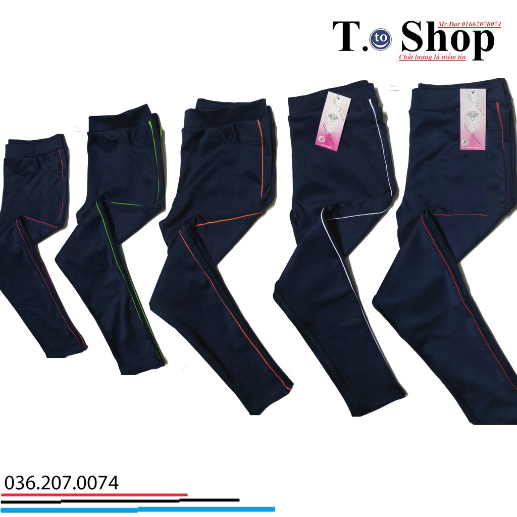 Quần thun nữ - legging màu XANH ĐEN 5 VIỀN (Ôm body, quần màu xanh đen viền sọc màu Đỏ - trắng - cam - xanh - hông)