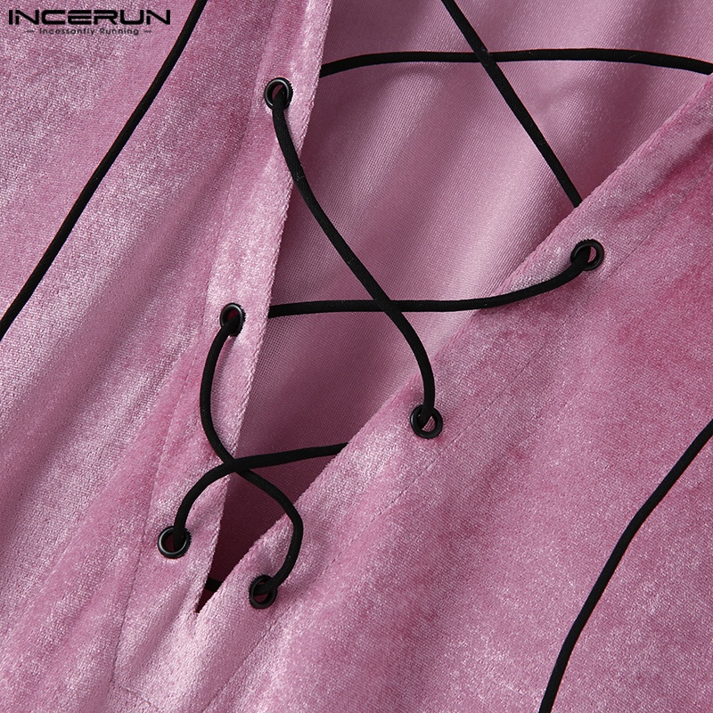 Áo thun INCERUN dài tay cổ chữ V thắt dây cho nam