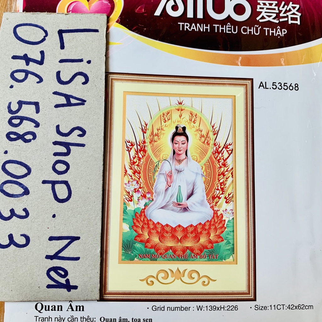 Tranh thêu chữ thập PHẬT QUAN ÂM 53568  chưa thêu 5d 53568