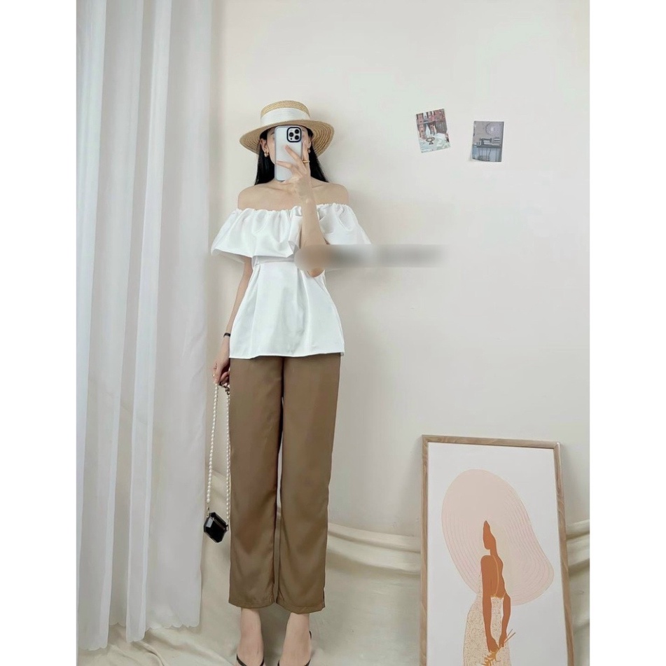 Set áo trễ vai trắng quần baggy nâu tây đồ bộ nữ công sở NN510 0322