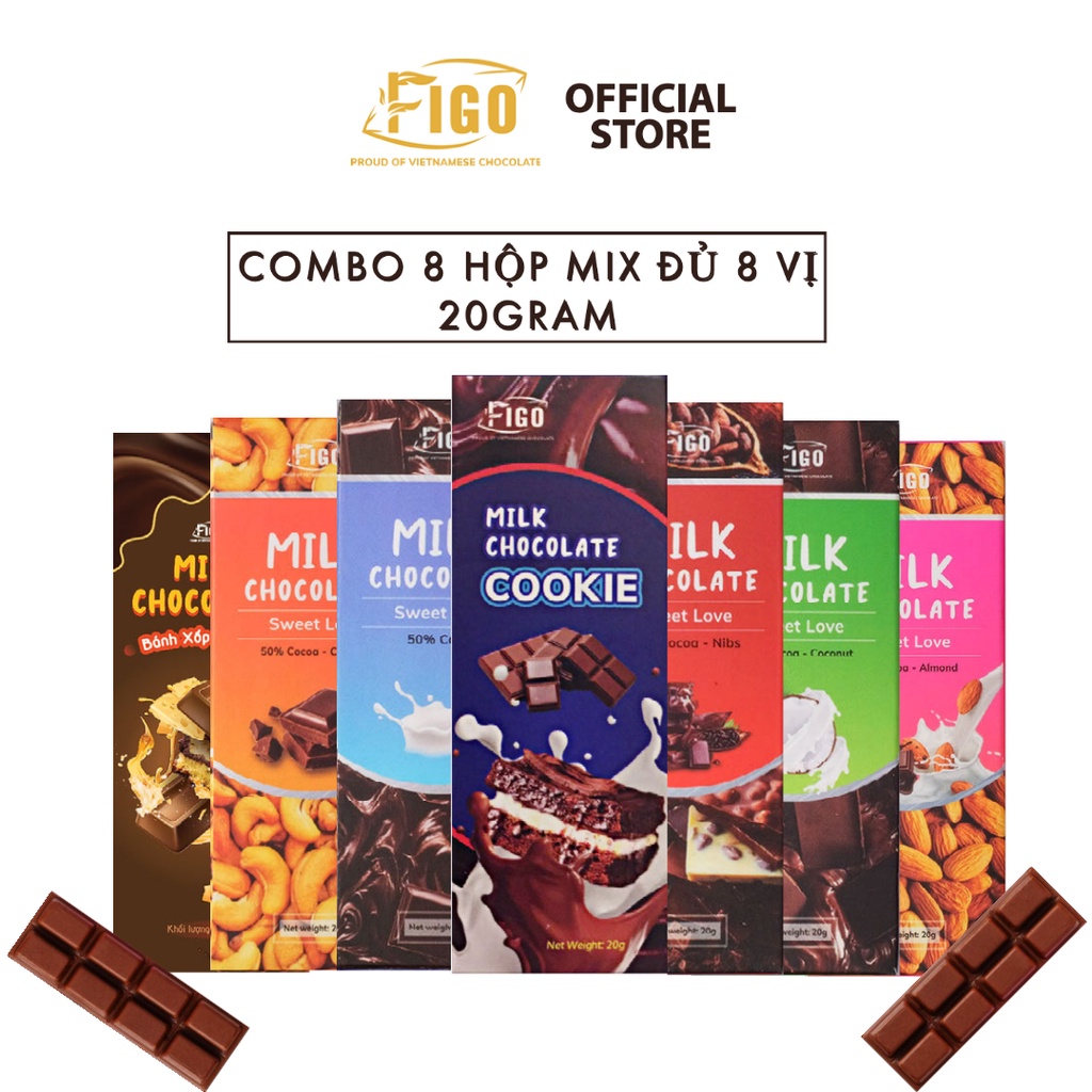 [COMBO 8 HỘP 20G MIX NHIỀU VỊ-SOCOLA HOT NHẤT SHOPEE] Kẹo socola sữa nhân Dừa, hạnh nhân, hạt điều ăn vặt văn phòng FIGO