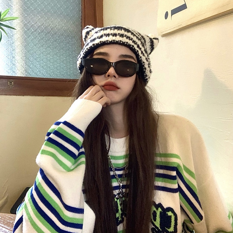 Nón Len Họa Tiết Kẻ Sọc Thời Trang Thu Đông Hàn Quốc Mới Cho Nữ