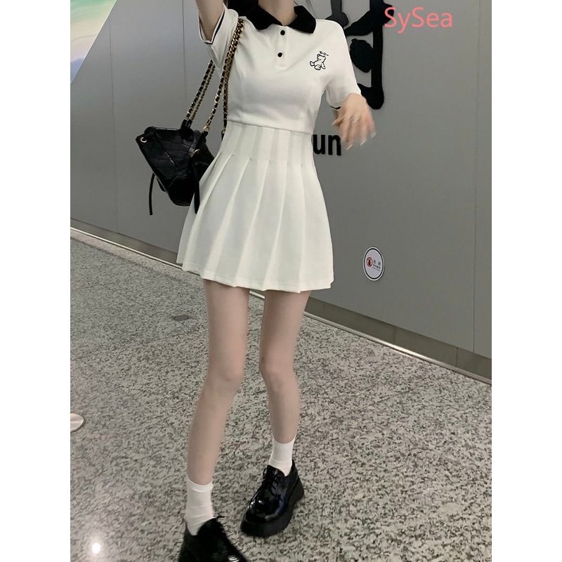 Đầm Xếp Ly Cổ Polo Thêu Họa Tiết Thời Trang Mùa Hè Hàn Quốc Cho Nữ