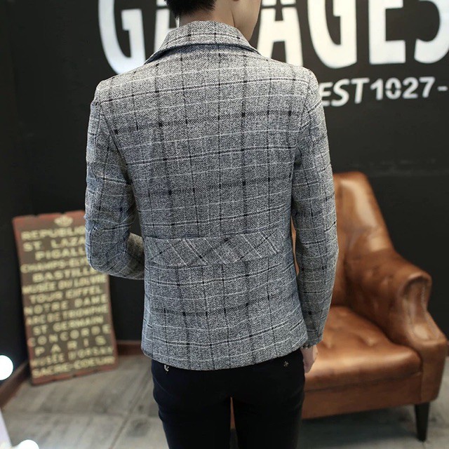 Áo vest nam dạ kẻ dáng ngắn kéo khoá mặc được nhiều kiểu thời trang Hàn Quốc - XN08