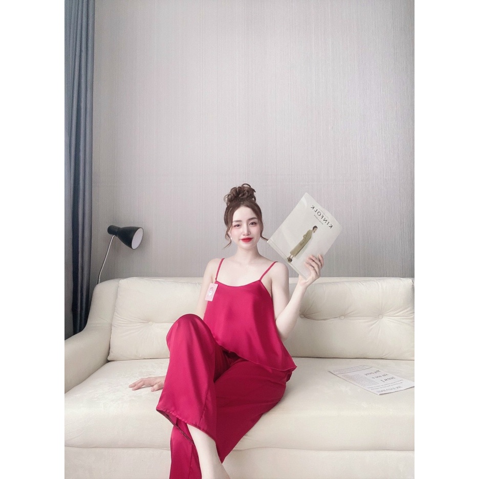 Đổ ngủ lụa satin, bộ mặc nhà quần dài áo 2 dây kiểu vạt xéo, chất vải đẹp, mát, may đẹp, phom rộng thoải mái dưới 55kg | BigBuy360 - bigbuy360.vn