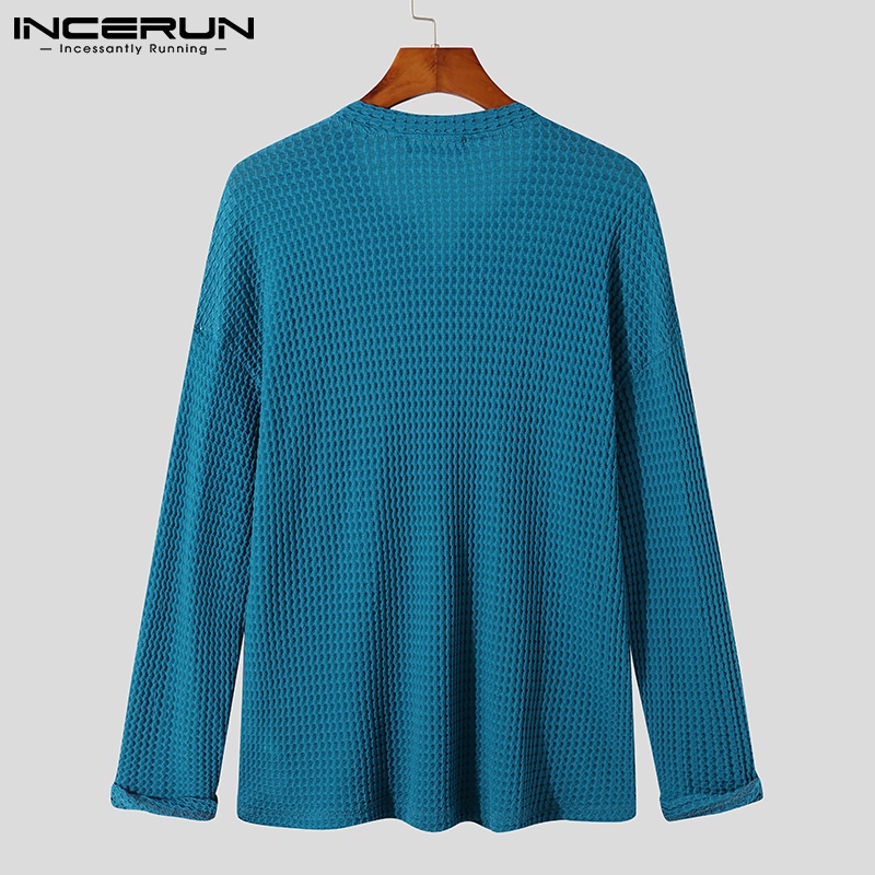 Áo thun nam INCERUN tay dài cổ v màu trơn dáng rộng thoải mái