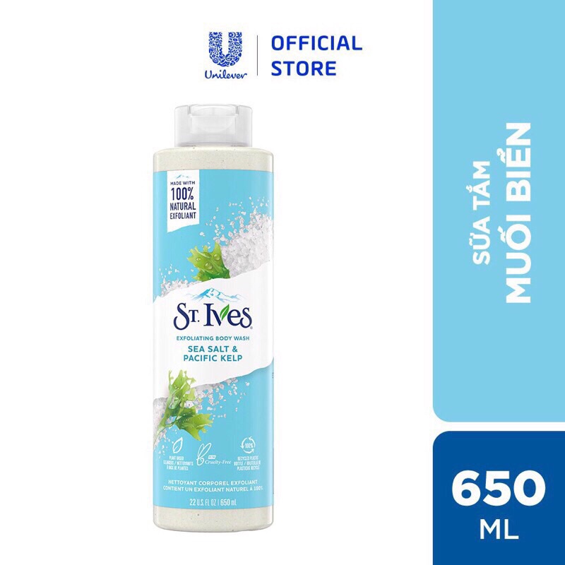 Sữa tắm ives muối biển 650ml, tắm tẩy tế bào chết,dưỡng mềm mịn,trắng da,muối biển và tảo bẹ Mỹ