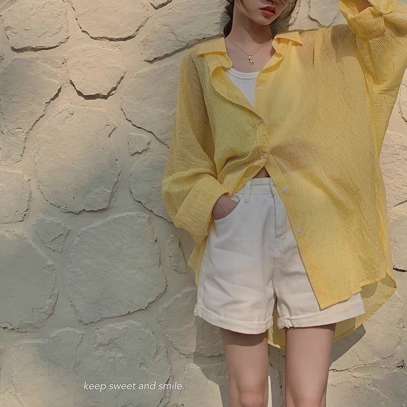 Áo sơ mi kẻ sọc dài tay màu vàng vải cotton siêu xinh❤️