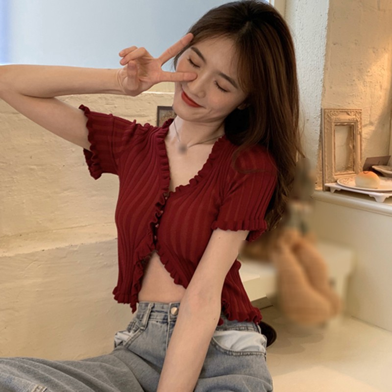 Áo Croptop Cardigan Ngắn Tay Cổ Chữ V Phối Nút Thời Trang Cho Nữ | BigBuy360 - bigbuy360.vn