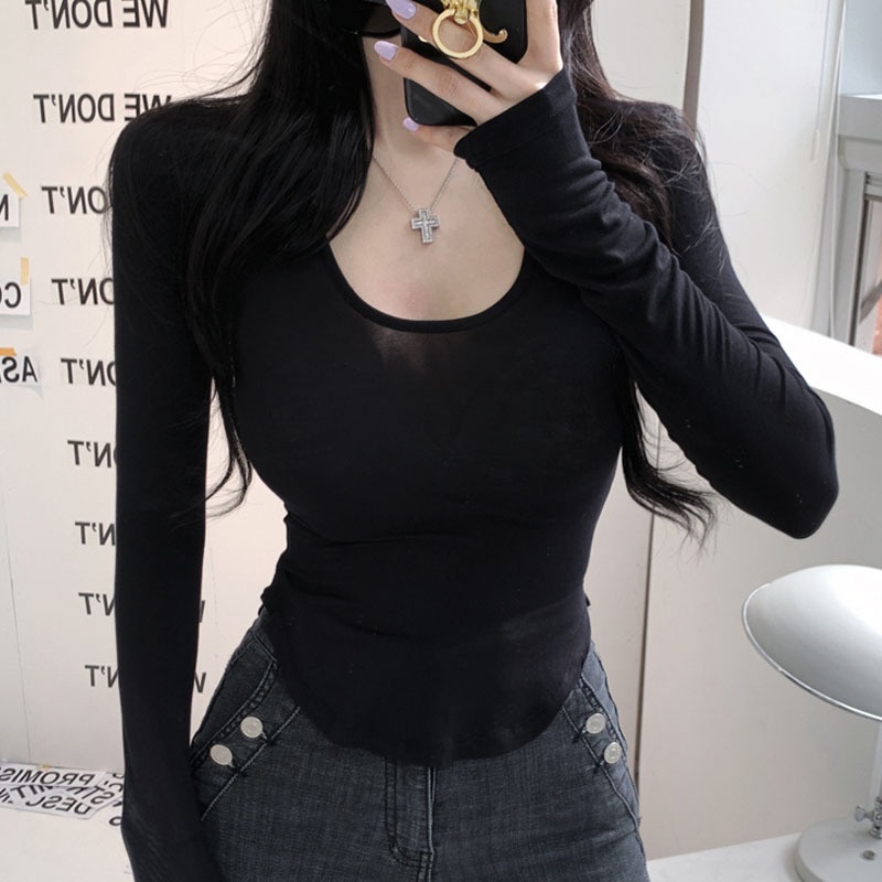 [Mã FAMARAL1 giảm 10k đơn 50k] Áo thun mỏng thời trang ôm sát body, áo thu đông nữ vạt bầu dáng ôm.