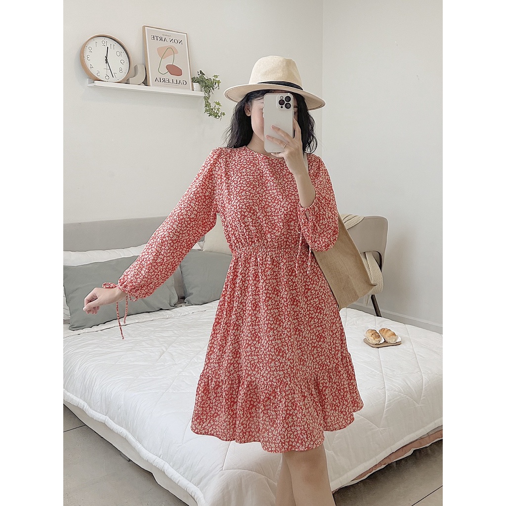 Đầm hoa nhí nữ nơ tay chun eo Nhienvintage BD10