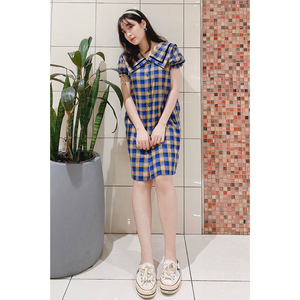 Đầm váy nữ 92WEAR đủ màu, đủ size, dáng suông ngắn tay kẻ caro viền lá cổ DXW0235 | BigBuy360 - bigbuy360.vn