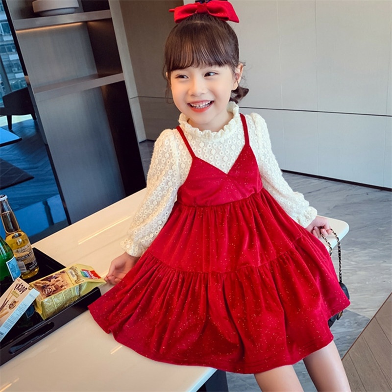 Váy Hai Dây Nhung Áo Dài Tay Dành Cho Bé Gái - V42