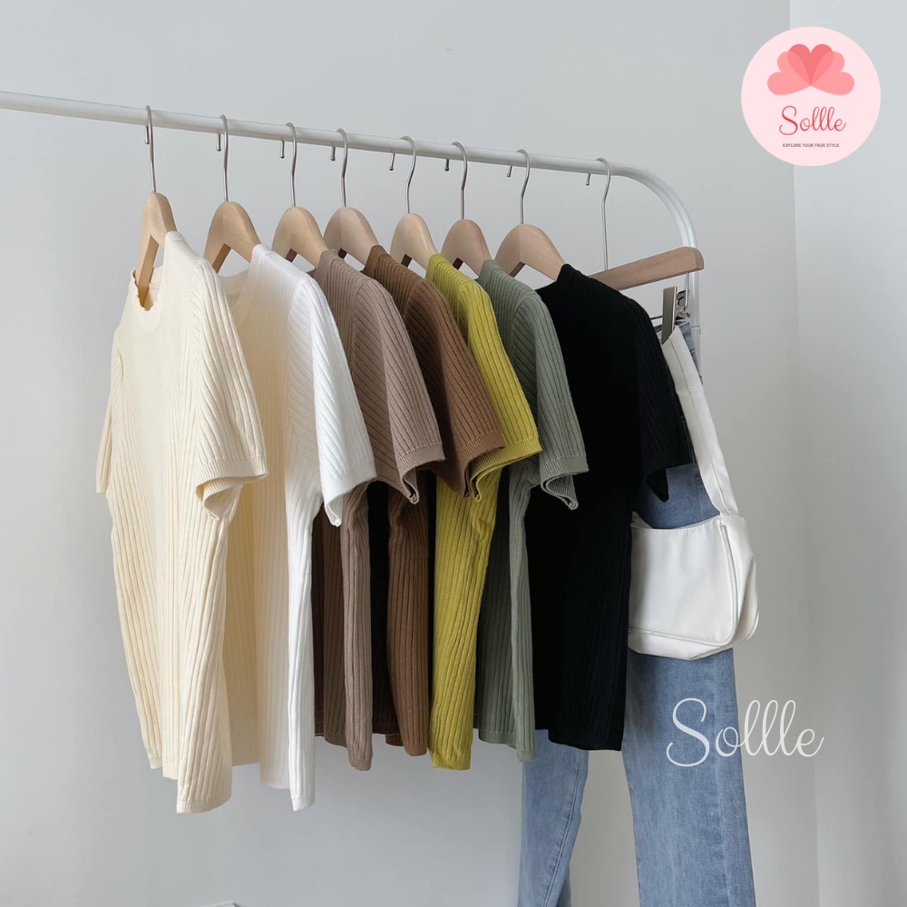 Áo len mongtoghi trơn cổ tròn ngắn tay gân dọc hè thu basic nhiều màu Hàn Quốc Sollle