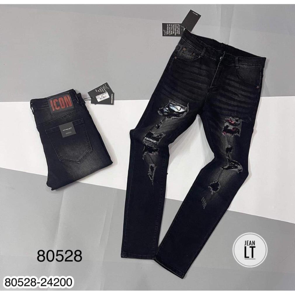 Quần Jean nam DSQ - Quần bò nam dáng dài ống côn vá rách - Quần bò đen ICON