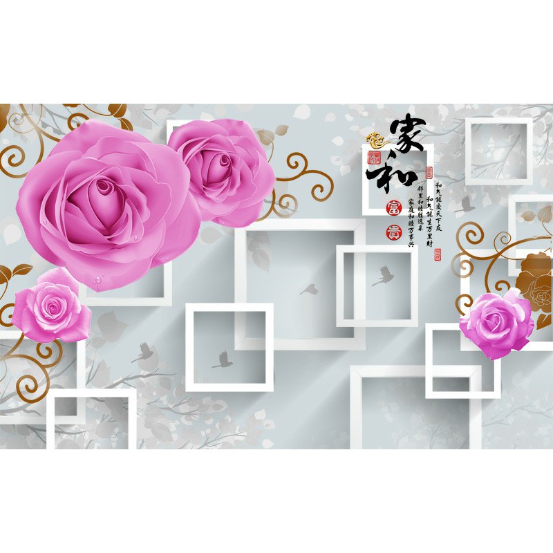 Tranh dán tường 3d hoa hồng trang trí phòng phủ giá rẻ đẹp chất liệu decal pp keo sẵn bóc dán atk 9