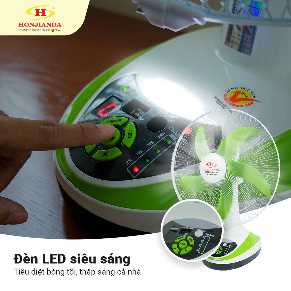 Quạt sạc tích điện để bàn AC&amp;DC 16 inch Honjianda FL316/FL416 - có đèn LED hỗ trợ cúp điện
