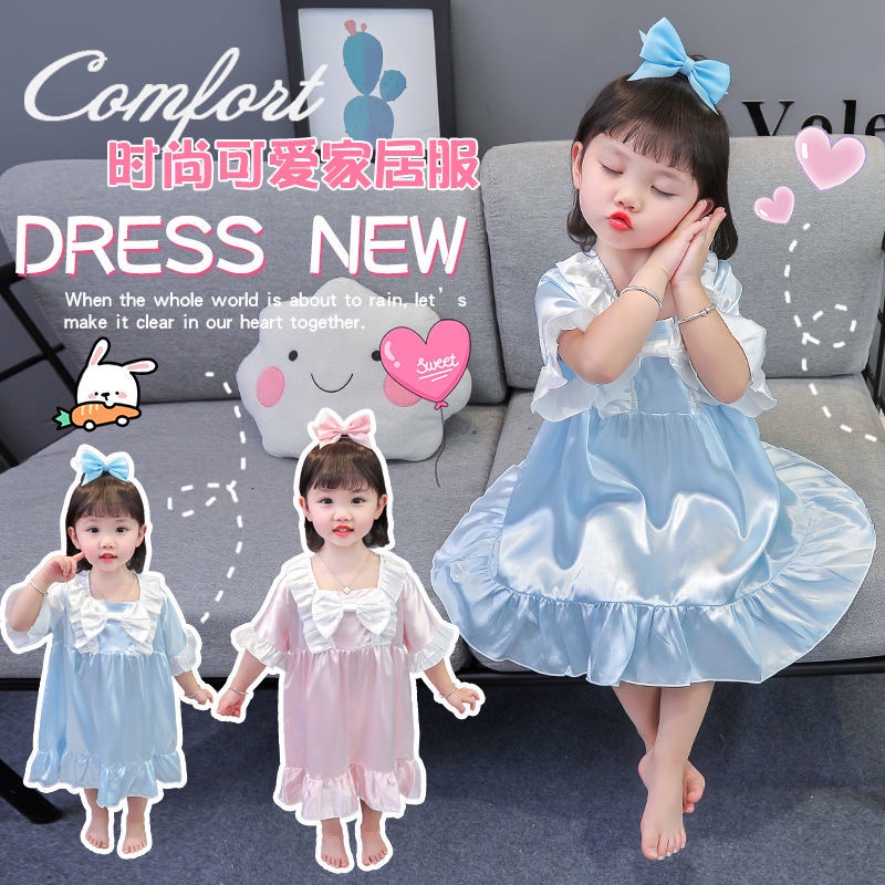 Đầm Ngủ Lụa Một Mảnh Tay Ngắn Dễ Thương Thời Trang Mùa Hè Cho Bé Gái