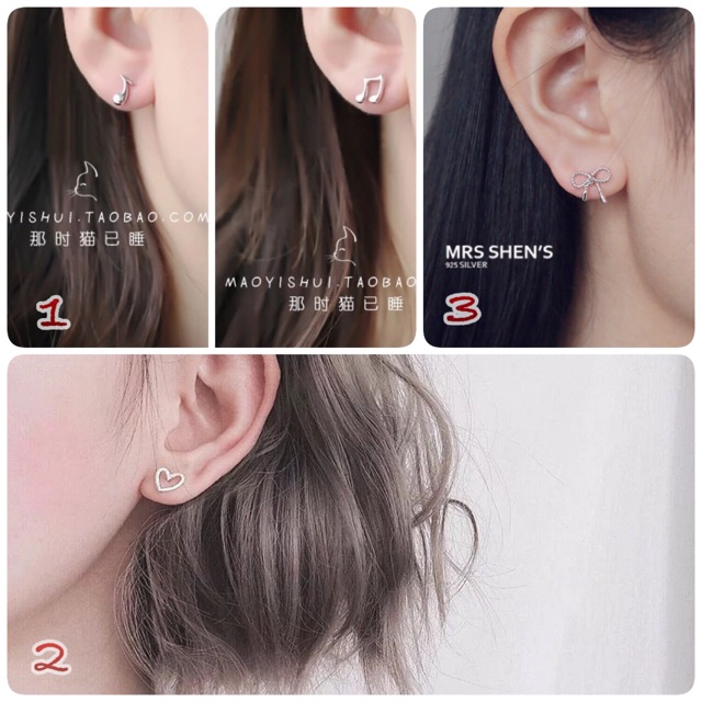 bông tai, khuyên tai bạc 30% hình học, tim, nơ, gạch ngang nhỏ đơn giản