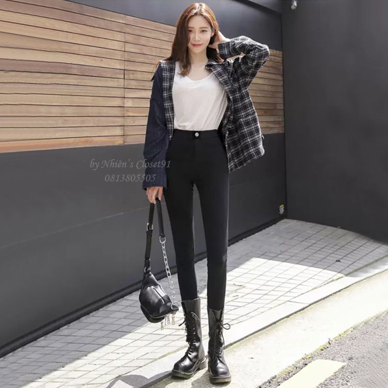 Quần legging nữ dài cạp cao gen bụng màu đen chất Umi dày dặn co dãn có túi khoá trước 1 khuy dáng tregging nâng mông | BigBuy360 - bigbuy360.vn