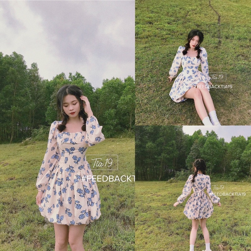 Váy hoa nhí vintage tay bồng dài tay Tia19. Đầm hoa ulzzang dáng xoè ( Ảnh thật)
