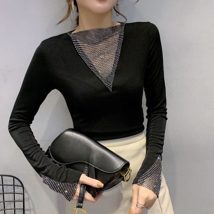 Áo thun tay dài cổ lọ đính đá thời trang cho nữ