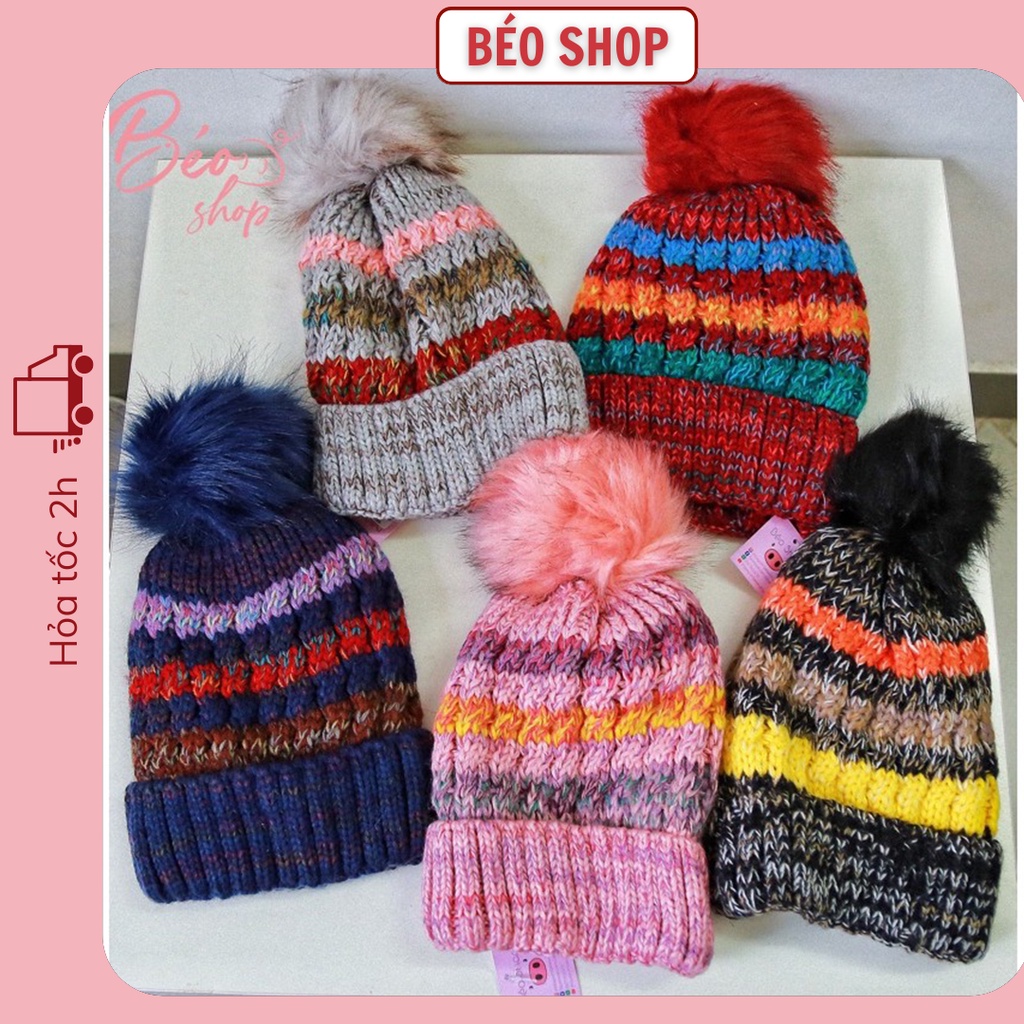 Mũ len kẻ sọc lót lông mềm mại thời trang Hàn quốc