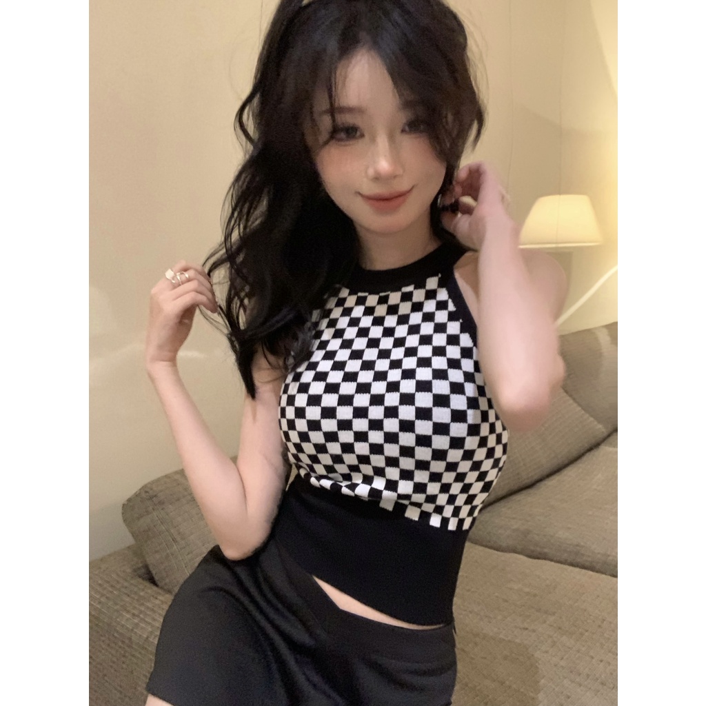Porozi  áo croptop Áo Dệt Kim Không Tay Họa Tiết Sọc Caro Phong Cách Hàn Quốc