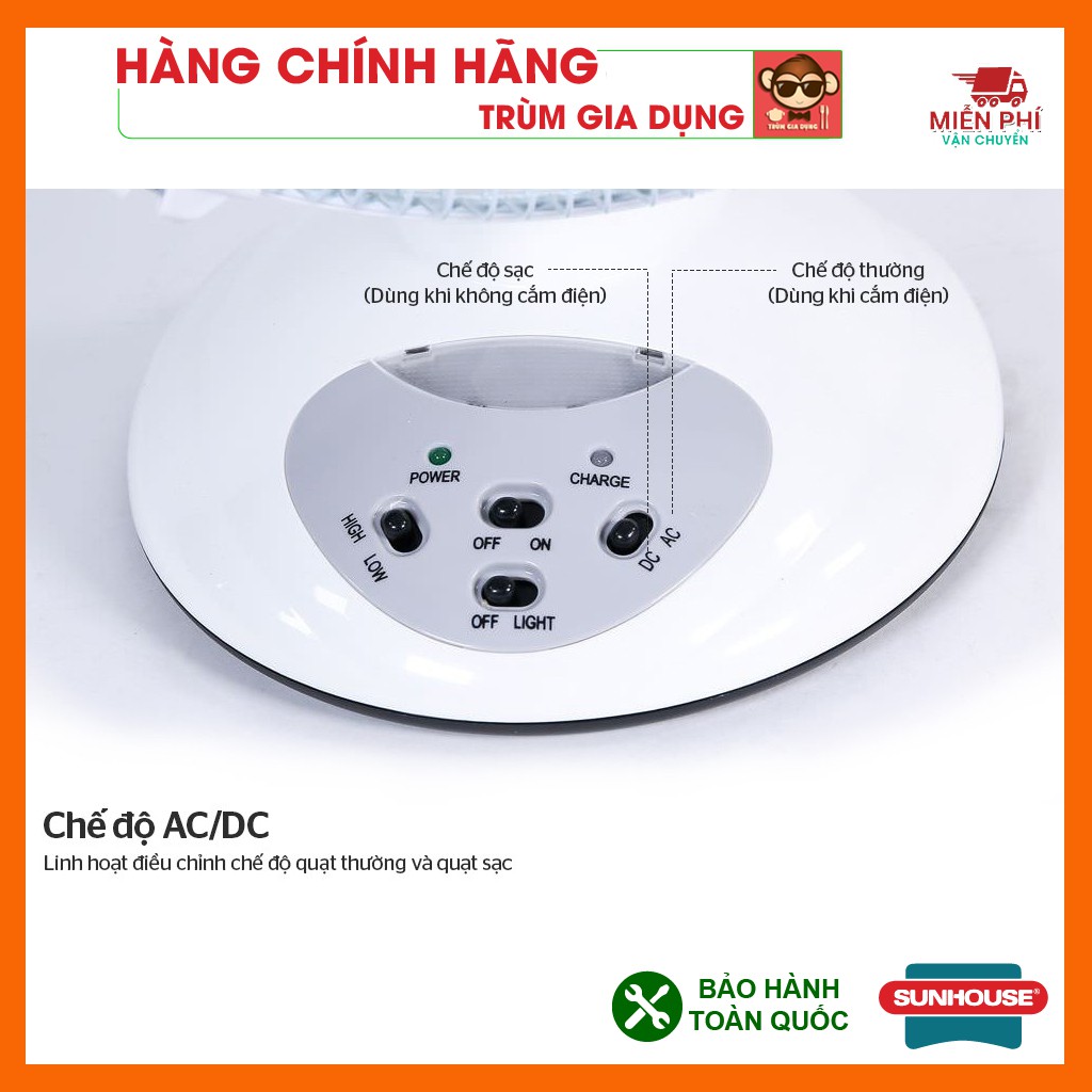 Quạt tích điện, quạt tích điện mini Sunhouse SH722, pin sạc chất lượng cao, động cơ bằng đồng, gió mạnh, máy bền.