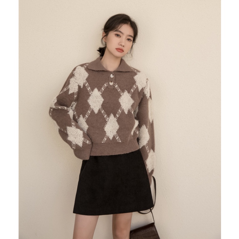 QADCOL  Áo dệt kim mềm mại cổ polo họa tiết caro thời trang dành cho nữ