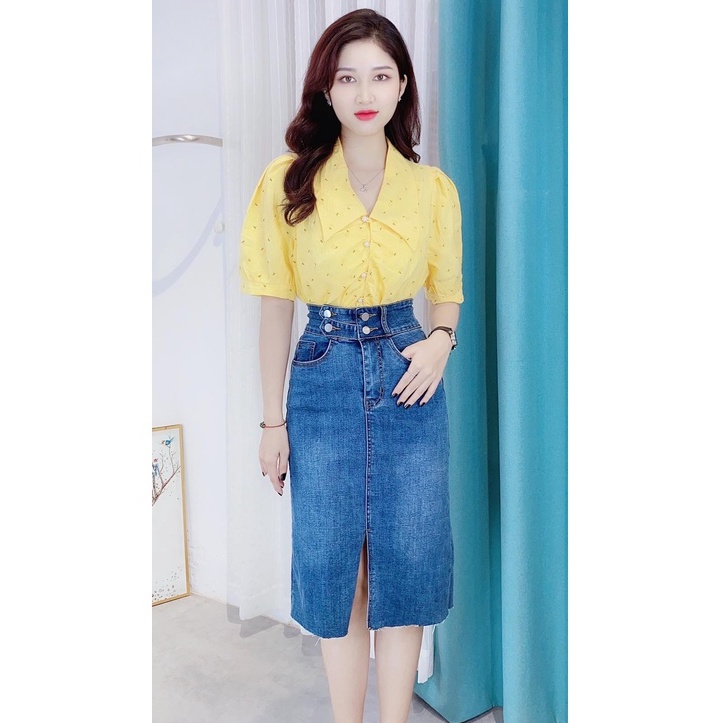 Áo sơ mi bông nhún nút tay phồng CHUU A5231